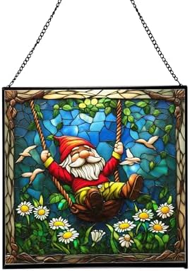 Swinging Garden Gnome Stained Glass Suncatcher – Square Hanging Window Panel for Home or Greenhouse – Whimsical Glass Art Gift for Garden Lovers, Christmas, Halloween, Father Days 5tGEG5 by Custom