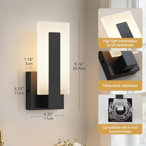 Modern LED Wall Sconces 3CCT 10%-100% Dimmable Hardwired Wall Mount Light Set of 2, Black Up and Down Wall Lamp, Bathroom Vanity Light, Indoor Wall Lights for Hallway, Bedroom, Living Room - Image 2