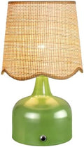 Cordless Boho Table Lamp Green, Scalloped Wicker Shade, 5200-mAh Rechargeable Battery, 3-Way Dimmable, Build-in Integrated LED 320 Lumen Max, for Bedside Living Room by FOLUX