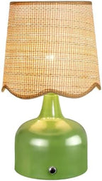 Cordless Boho Table Lamp Green, Scalloped Wicker Shade, 5200-mAh Rechargeable Battery, 3-Way Dimmable, Build-in Integrated LED 320 Lumen Max, for Bedside Living Room by FOLUX