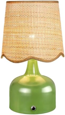 Cordless Boho Table Lamp Green, Scalloped Wicker Shade, 5200-mAh Rechargeable Battery, 3-Way Dimmable, Build-in Integrated LED 320 Lumen Max, for Bedside Living Room by FOLUX
