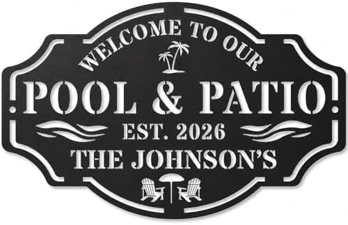 Personalized Metal Pool Sign, Custom Pool Bar Sign for Outdoor Patio Decor, Personalized Name Metal Pool & Patio Wall Art, Backyard Oasis Sign, Tropical Coastal Pool Decorations for Deck Porch Garden by OWFCBEI
