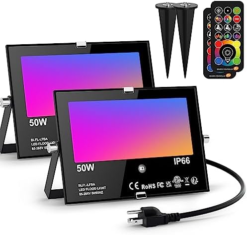 LED Flood Light Outdoor RGB Stage Lights Color Changing 500W Equivalent 2700k Warm White 5000LM(Remote Control, 120 Colors Strobe, Dimmable, Timing, US 3-Plug) Wall Wash Landscape Spotlight 2 Pack by Smartlight