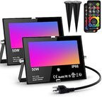 LED Flood Light Outdoor RGB Stage Lights Color Changing 500W Equivalent 2700k Warm White 5000LM(Remote Control, 120 Colors Strobe, Dimmable, Timing, US 3-Plug) Wall Wash Landscape Spotlight 2 Pack by Smartlight