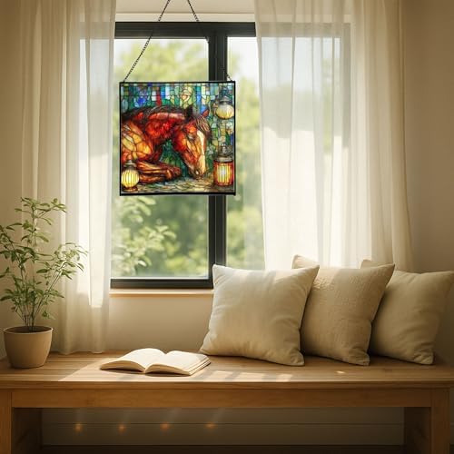 Bay Miniature Horse Curled Near Garden Lanterns Square Suncatcher – Stained Glass Style Window Panel with Pastoral Scene, Custom Decorative Hanging Art for Equestrian Home, Christmas w0YTNv - Image 7