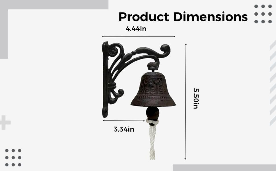 Cast Iron Dinner Bell with Rope and Bracket, Rustic Outdoor Dinner Bell for Farmhouse, Vintage Metal Doorbell, Wall Mounted Decorative Bell for Porch, Garden, Patio, 5.5 x 4.5 in / 14 x 11.3 cm - Image 4