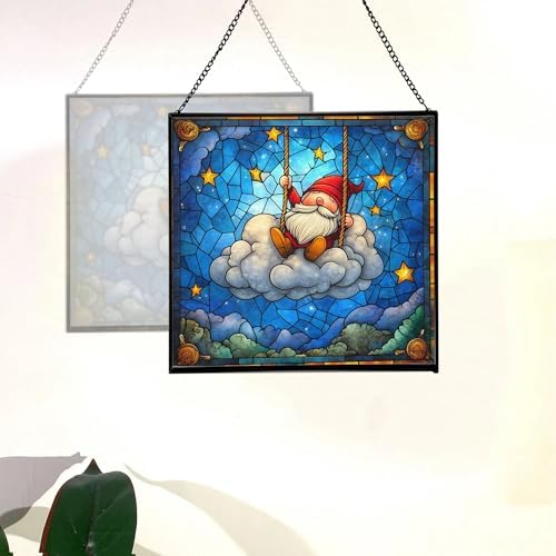 Cloud Gnome Swing Stained Glass Suncatcher – Square Hanging Window Panel for Home or Greenhouse – Whimsical Glass Art Gift for Garden Lovers, Christmas, Halloween, Father Days t3Lwaw - Image 4