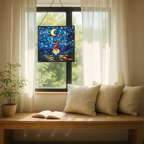 Starry Night Gnome Stained Glass Suncatcher – Square Hanging Window Panel for Home or Greenhouse – Whimsical Glass Art Gift for Garden Lovers, Christmas, Halloween, Father Days YZdsYX - Image 7