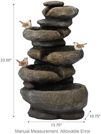 Glitzhome 5-Tier Cascading Rock Outdoor Water Fountain with LED Light & Pump, Natural Stacked Stone Look Water Fountain with Lively Birds for Garden, Patio, Porch, 23”H - Image 2