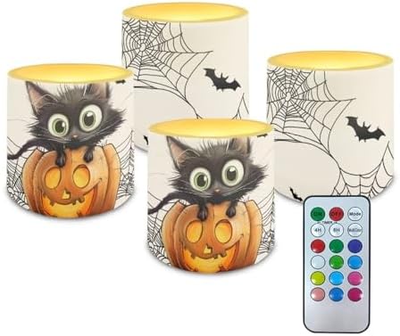 Pack of 4 Halloween Flameless Candles with Remote Battery Operated Candles with Timer Flickering LED Elictric Pillar Tealights for Indoor Outdoor Home Decor, Spider Web Black Cat Bat by Merkmak
