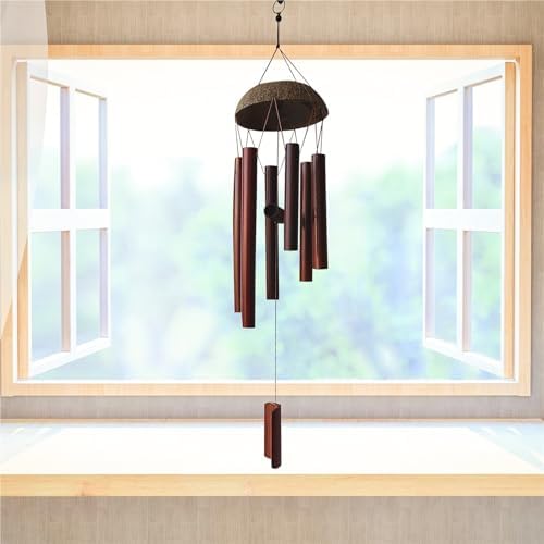 Coconut Shell Wind Chimes Outdoor for Garden Decoration Dark Colored 6 Tubes for Home(Khaki) - Image 3