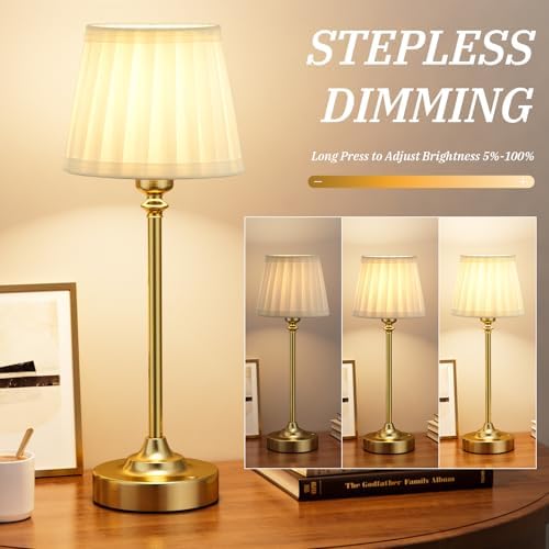 Cordless Table Lamps Rechargeable Set - 2 Pack Gold 4000mAH Battery Operated Lamps for Decor, 3000K Stepless Dimming Touch Wireless Lamp for Bedroom, Dining Table, Living Room, White Pleated Shade - Image 2