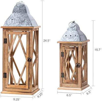 Large Farmhouse Wooden Metal Lantern Set of 2, Rustic Decorative Floor Candle Lanterns, Indoor/Outdoor Hanging Lanterns for Home Decor (No Glass) - Image 3
