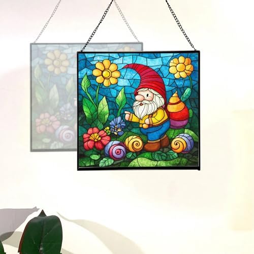 Gnome and Snail Friends Stained Glass Suncatcher – Square Hanging Window Panel for Home or Greenhouse – Whimsical Glass Art Gift for Garden Lovers, Christmas, Halloween, Father Days mID0zN - Image 4