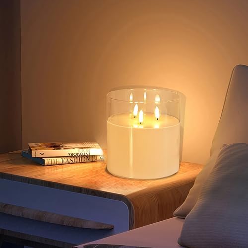 NICEME Extra Large 3 Wick Battery Operated Candle, 6"x6" Big Clear Glass Flameless Candles with Remote, Real Wax Flickering Led Pillar Fake Giant Candle for Wedding Party Holiday Home Decor, White - Image 2
