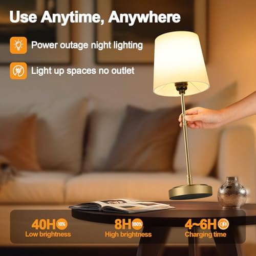 Cordless Table Lamps Set of 2 – Battery Operated Lamp with 7500mAh Rechargeable Battery, Stepless Dimmable Vintage Brass Desk Wireless Lamps for Dining Room, Nightstand & Patio (Bulbs Included) - Image 5