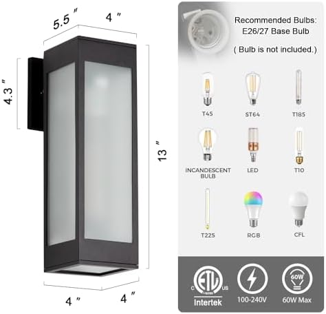 Cerdeco 13" Black Modern Outdoor Wall Sconce with 3 Side Frosted Glass - Image 3