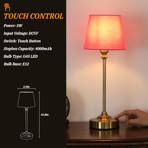 Cordless Table Lamps Rechargeable Set - 2 Pack Brass 4000mAH Battery Operated Lamps for Decor, 3000K Stepless Dimming Touch Control Wireless Lamps for Bedroom, Dining Table, Living Room, Rose Shade - Image 5