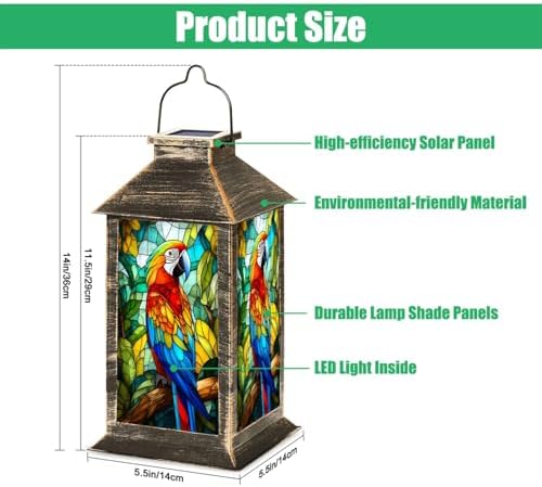 Solar Lantern Colorful Macaw Parrot Stained Glass Style Tropical Leaves Wildlife Art Outdoor Waterproof Hanging Solar Light Outside Lights for Patio Yard House Lawn Decor Birthday Gifts for Women Mom - Image 2
