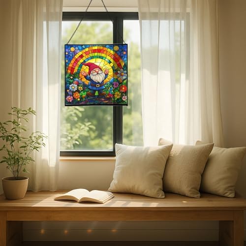 Gnome Under Rainbow Arch Stained Glass Suncatcher – Square Hanging Window Panel for Home or Greenhouse – Whimsical Glass Art Gift for Garden Lovers, Christmas, Halloween, Father Days EA6rv4 - Image 7