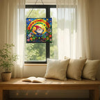Gnome Under Rainbow Arch Stained Glass Suncatcher – Square Hanging Window Panel for Home or Greenhouse – Whimsical Glass Art Gift for Garden Lovers, Christmas, Halloween, Father Days EA6rv4 - Image 7