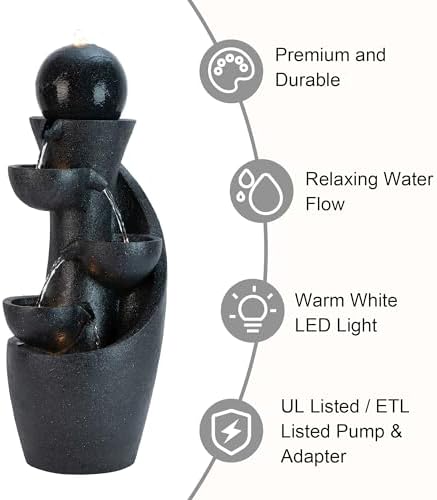 Glitzhome Outdoor Water Fountain with LED Light & Pump, Modern 5-Tier Bowl and Sphere Polyresin Outdoor Fountain, 33.5" Cascading Waterfall Fountain Water Feature for Porch Deck Patio Backyard Decor - Image 5