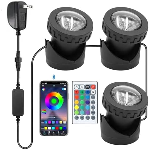 Colored Pond Lights with Timer, APP Control RGB Fountain Light IP68 Waterproof, Dimmable Outdoor Landscape Lights for Fish Tank Pond Fountain Garden (3 Lights) by TENSUL