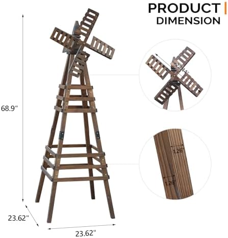 Wooden Windmill, Weather-Proof Wind Spinner, Outdoor Wind Mill for Garden Lawn Patio Decoration (Carbonized, Medium) - Image 7