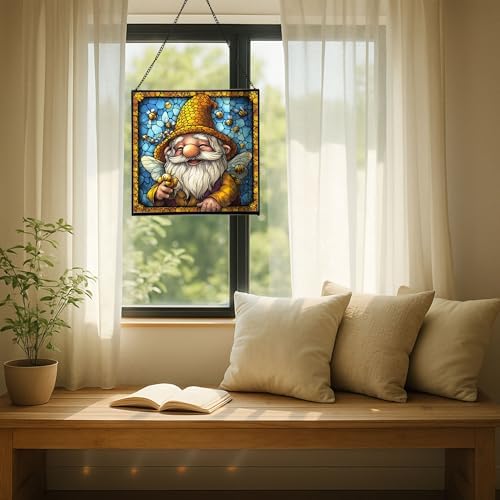Bee Keeper Gnome Stained Glass Suncatcher – Square Hanging Window Panel for Home or Greenhouse – Whimsical Glass Art Gift for Garden Lovers, Christmas, Halloween, Father Days sRuQKl - Image 7