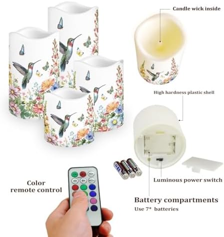 Hummingbird Floral Flameless Candles LED Pillar Candles Battery Operated Candles with Remote and Timers Color Changing Electric Fake Plastic Candles Living Room Home Table Decor Set of 4 - Image 3