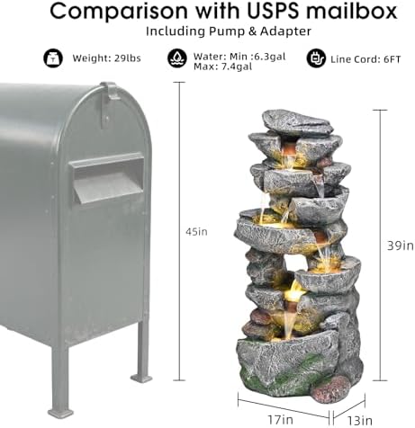 39" 7-Tier Cascading Rock Fountain - with LED Lights & Pump, Outdoor Garden Decor, Self-Contained Recirculating & Weather-Resistant (17 * 13 * 39") - Image 3