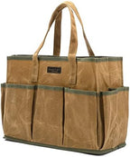 16OZ Waxed Canvas Tool Tote Bag | Large-Capacity Tool Storage Tote with 10 External Pockets | Multi-Purpose Garden Tool Carrier for Gardening, Wrench, and Carpentry Tools – Khaki by Kaaltisy