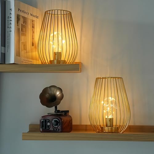 TRIROCKS Metal Cordless Table Lamp - 8'' Tall Set of 2 Cage Shape Battery Operated Lamp with Fairy Lights Bulb for Indoor/Outdoor Use Perfect for Christmas Garden and Weddings (Gold,Set of 2) by TRIROCKS