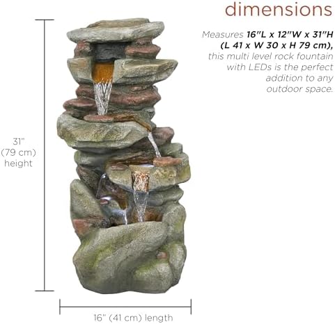 Alpine Corporation 31" Tall Outdoor 4-Tier Rock Floor Fountain, Cascading Waterfall with Cool White LED Lights, Gray - Image 5