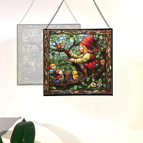 Gnome with Baby Birds Stained Glass Suncatcher – Square Hanging Window Panel for Home, Garden, Nursery, Halloween, Christmas, Memorial Day – Whimsical Glass Art Gift for Gnome Lovers bchnpw - Image 4