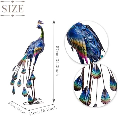 TERESA'S COLLECTIONS Outdoor Decor Peacock Yard Art Garden Sculptures & Statues for Porch Decor,35'' Blue Large Metal Bird Garden Decor for Outside, Yard Decorations Outdoor for Patio,Gifts for Mom - Image 5