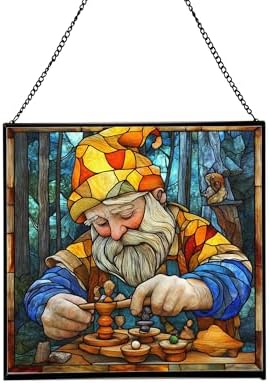 Gnome with Wooden Toys Stained Glass Suncatcher – Square Hanging Window Panel for Home, Garden, Nursery, Halloween, Christmas, Memorial Day – Whimsical Glass Art Gift for Gnome Lovers j20dxf by Custom