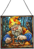 Gnome with Wooden Toys Stained Glass Suncatcher – Square Hanging Window Panel for Home, Garden, Nursery, Halloween, Christmas, Memorial Day – Whimsical Glass Art Gift for Gnome Lovers j20dxf by Custom