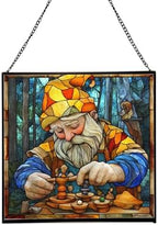 Gnome with Wooden Toys Stained Glass Suncatcher – Square Hanging Window Panel for Home, Garden, Nursery, Halloween, Christmas, Memorial Day – Whimsical Glass Art Gift for Gnome Lovers j20dxf by Custom