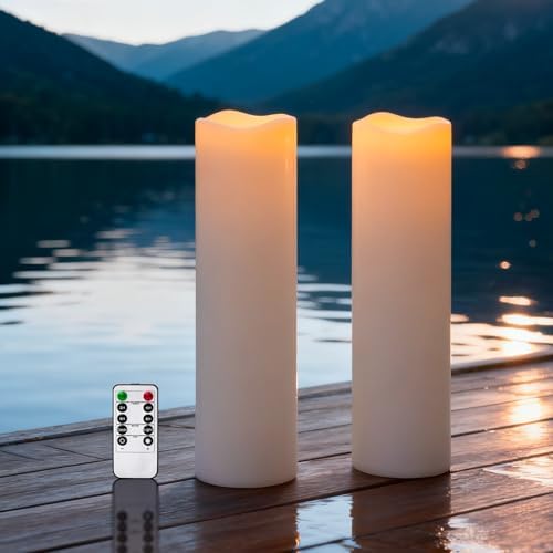 4" x 14" Large Waterproof Outdoor Flameless Candles Battery Operated LED Pillar Candles for Indoor Outdoor Lanterns, Off White, Long Lasting, Set of 2 by Lumeavetra