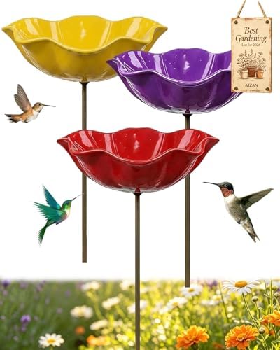 Handmade Metal Flower Garden Stakes Bird Bath, Bee Watering Station Butterfly Feeder with Colorful Flower Design Pollinator Hummingbird Water Bowl Puddler with Stand for Outdoor Yard Decor(Set 5) by Unknown
