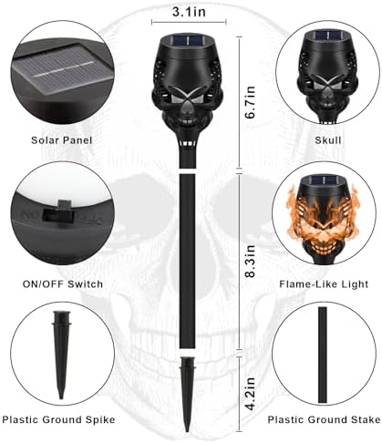 8 Pack Solar Halloween Lights Outdoor, Orange Skull Torch Lights - Image 5
