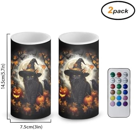 Halloween Set of 2 Flameless Candles Bulk Battery Operated Candles with Timer Remote, Black Cat Pumpkin Print LED Pillar Lights for Trick or Treat Party Decorations - Image 2