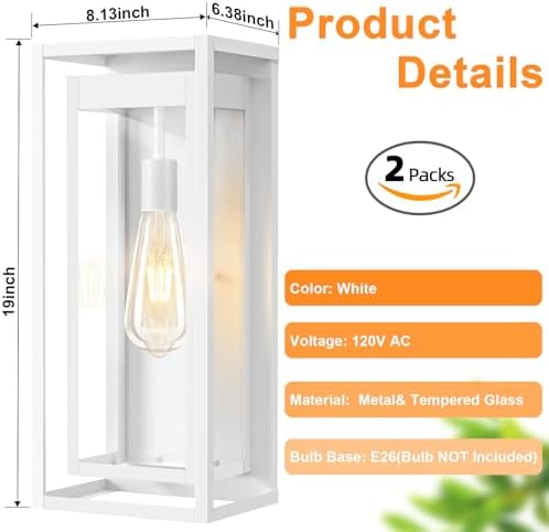 19" Large Outdoor Wall Light Fixtures, White Porch Light, 2 Pack - Image 4