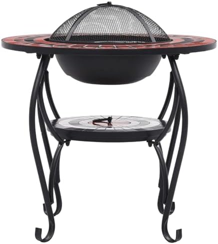 Tidyard Fire Pit Table, 68cm Round Ceramic Top Steel Bowl with Mesh Cover Poker for Outdoor Patio Garden Backyard - Image 4