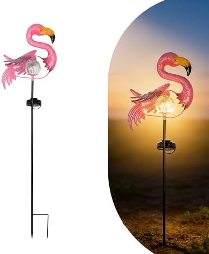 Pink Flamingo Lawn Light Garden Decor Solar Lights, for Yard Outdoor Decorations Ground Inserted Outdoor Waterproof Garden Lamp with Crackle Glass Ball LED (Warm White) by YMTengFei