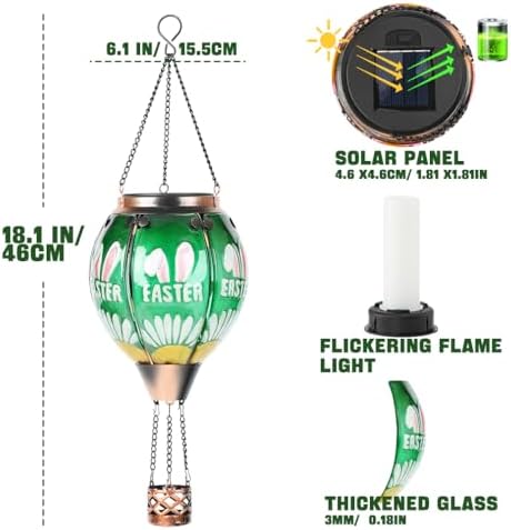 Easter Hot Air Balloon Solar Lantern - Bunny Stained Glass Lantern, Simulated Flickering Dancing Flame, Outdoor Hanging Yard Light Waterproof IP65 for Patio Lawn Porch Decor Rabbit Gift - Image 6