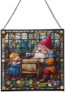 Gnome Weaving Stained Glass Suncatcher – Square Hanging Window Panel for Home, Garden, Nursery, Halloween, Christmas, Memorial Day – Whimsical Glass Art Gift for Gnome Lovers y86pad by Custom