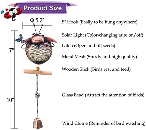 Solar Ladybug Wild Bird Feeders Squirrel Proof for Outside - Unique Cute Metal Ladybug Bird Feeder with Solar Light, Wind Chime, Gift for Bird Lovers(Ladybug) - Image 4