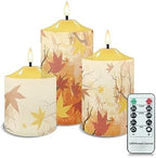 Cozeyat Flickering Flameless Electric Candles with Timer 3 Pack, Fall Maple Leaf Print LED Candles Battery Operated, Unscented Wax Pillar Tealights for Thanksgiving Day Indoor Decor by Cozeyat